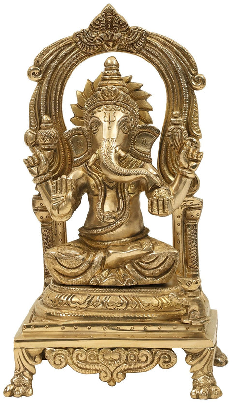 9" Lord Ganesha Seated on Throne with Kirtimukha Prabhavali In Brass | Handmade | Made In India