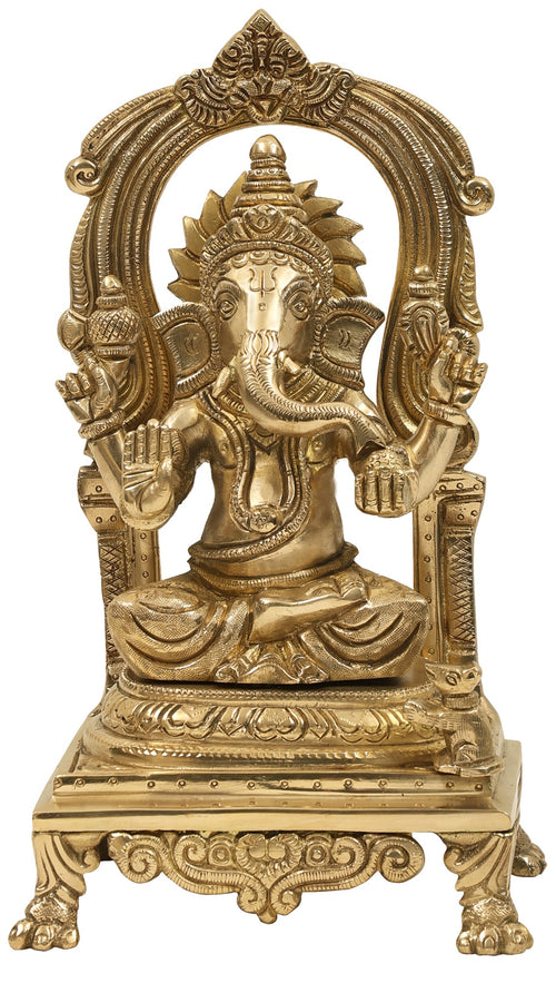 9" Lord Ganesha Seated on Throne Brass Idol with Kirtimukha Prabhavali