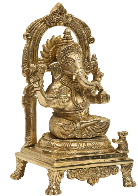9" Lord Ganesha Seated on Throne with Kirtimukha Prabhavali In Brass | Handmade | Made In India