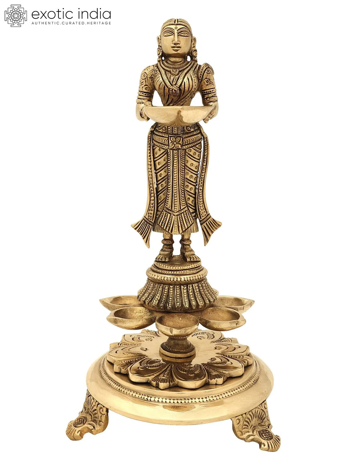 11" Designer Brass Deeplakshmi Lamp with Eight Wicks | Handmade | Made in India