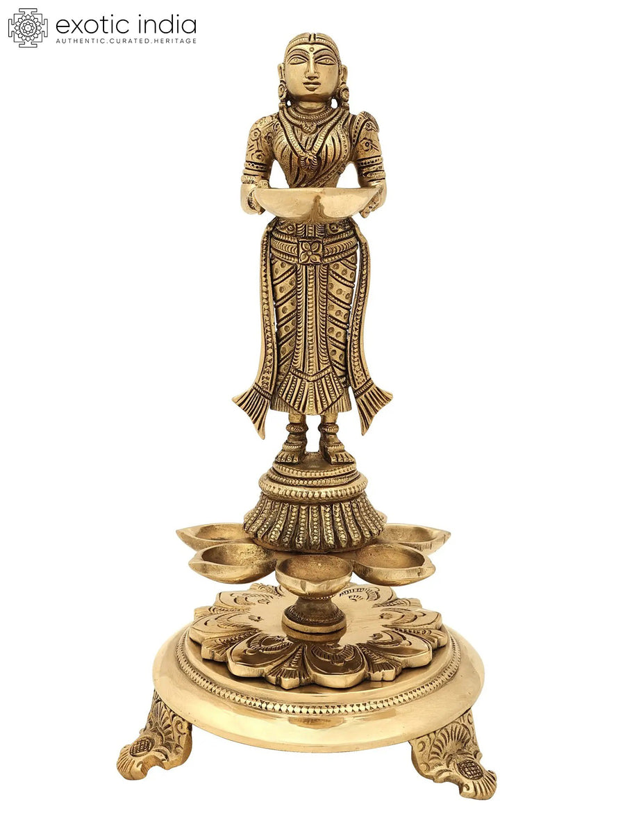 11" Handmade Brass Deeplakshmi Lamp Eight Wicks for Pooja