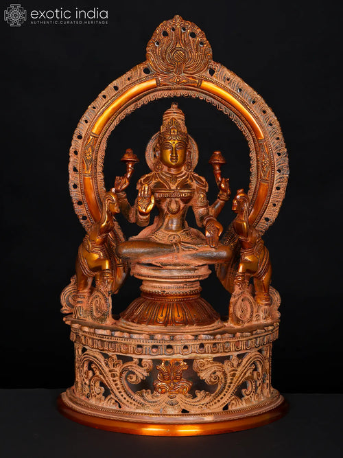 14" Handmade Brass Goddess Lakshmi Seated on Throne Statue