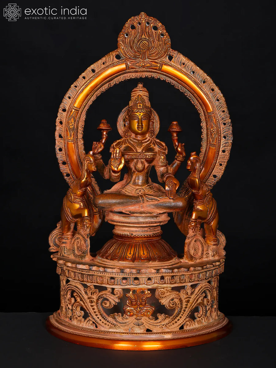 14" Handmade Brass Goddess Lakshmi Seated on Throne Statue