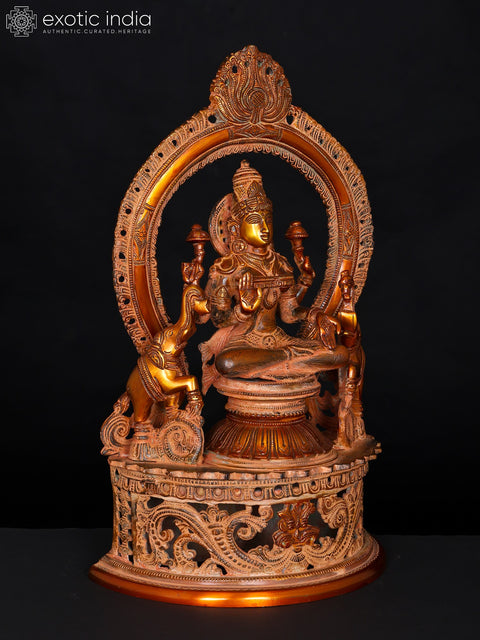 14" Royal Goddess Lakshmi Seated on Superfine Throne | Handmade Brass Statue