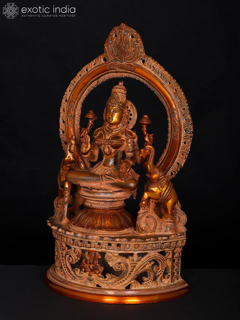14" Royal Goddess Lakshmi Seated on Superfine Throne | Handmade Brass Statue