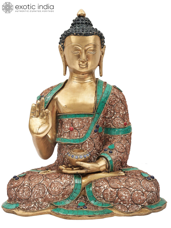 15" Blessing Buddha Brass Statue with Inlay Work | Indian Handcrafted Idol