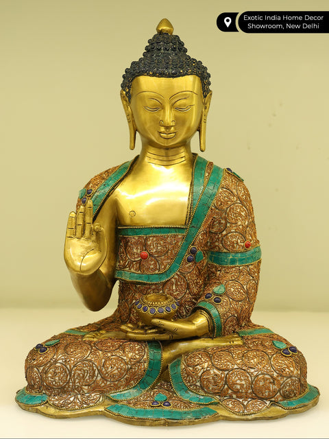 15" Blessing Buddha Brass Statue with Inlay Work | Indian Handcrafted Idol