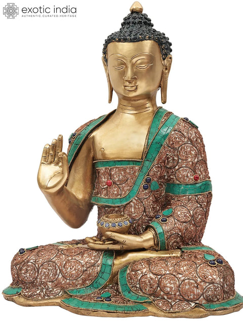 15" Blessing Buddha Brass Statue with Inlay Work | Indian Handcrafted Idol