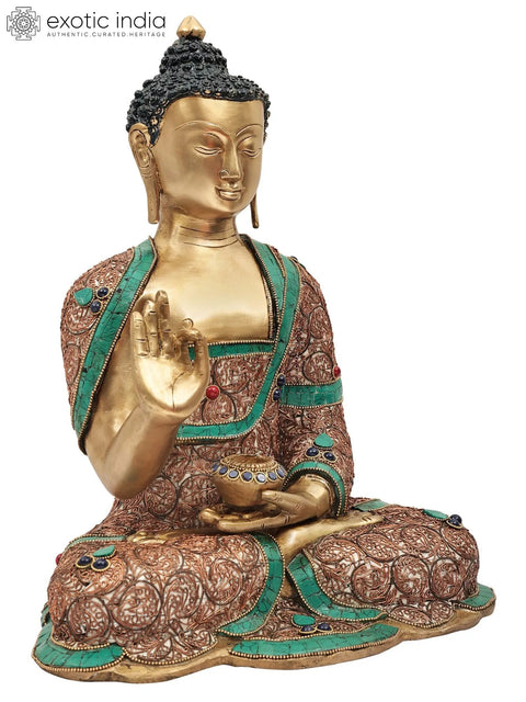 15" Blessing Buddha Brass Statue with Inlay Work | Indian Handcrafted Idol