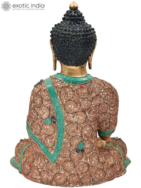 15" Blessing Buddha Brass Statue with Inlay Work | Indian Handcrafted Idol
