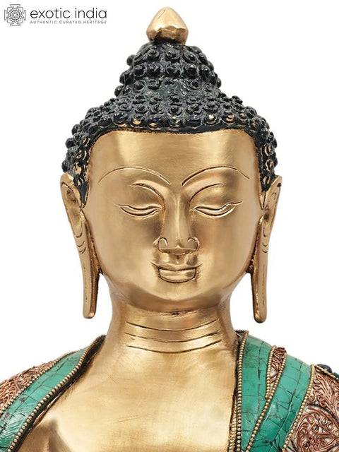 15" Blessing Buddha Brass Statue with Inlay Work | Indian Handcrafted Idol