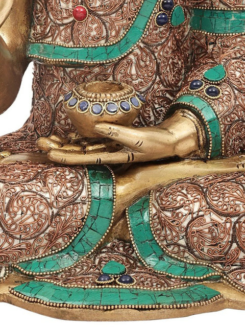 15" Blessing Buddha Brass Statue with Inlay Work | Indian Handcrafted Idol