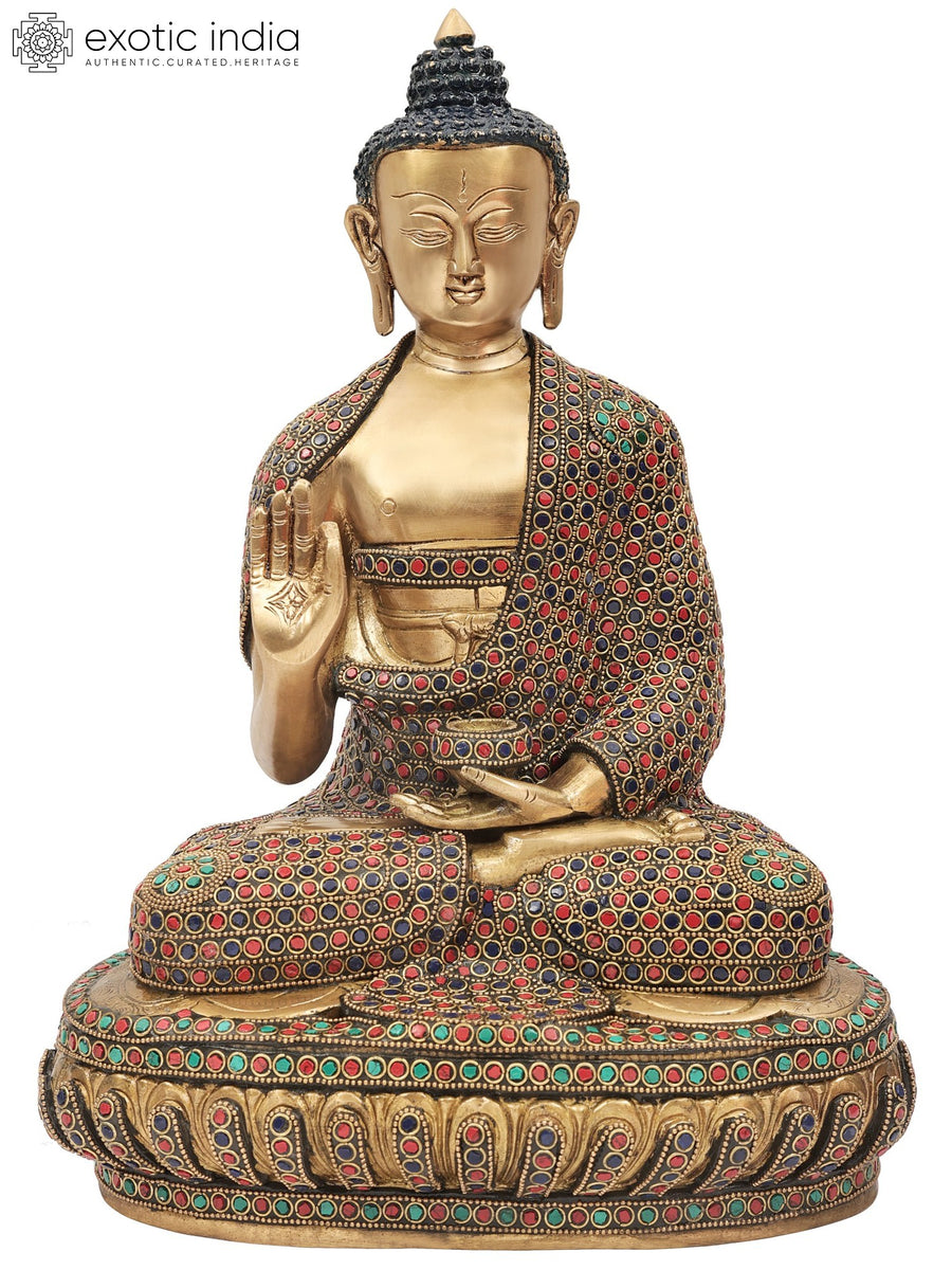 15" Handmade Brass Buddha Statue with Colorful Inlay Work