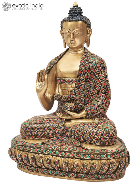 15" Blessing Lord Buddha With Colorful Inlay Work In Brass | Handmade | Made In India