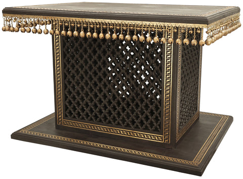 24" Large Traditional Decorated Chowki with Ghunghroos at the Edge | Teakwood with Brass Inlay