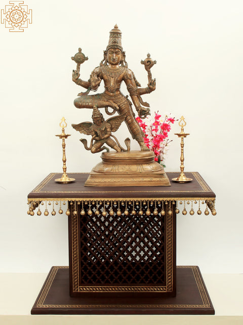 24" Large Traditional Decorated Chowki with Ghunghroos at the Edge | Teakwood with Brass Inlay