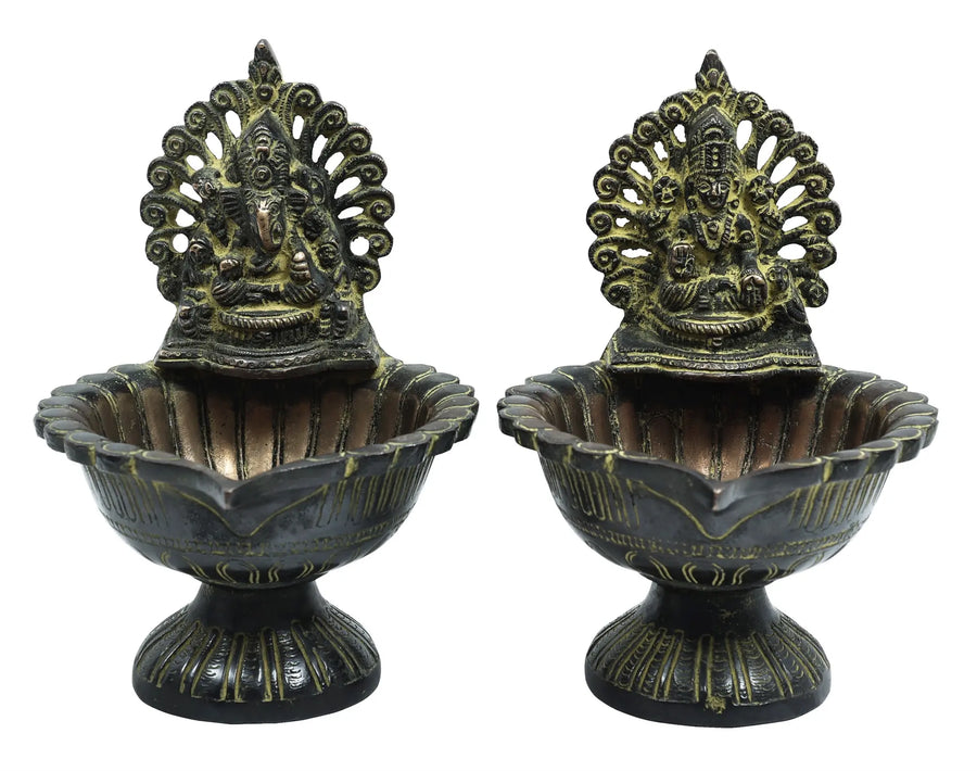 6" Lakshmi Ganesha Brass Oil Lamp Pair Handmade