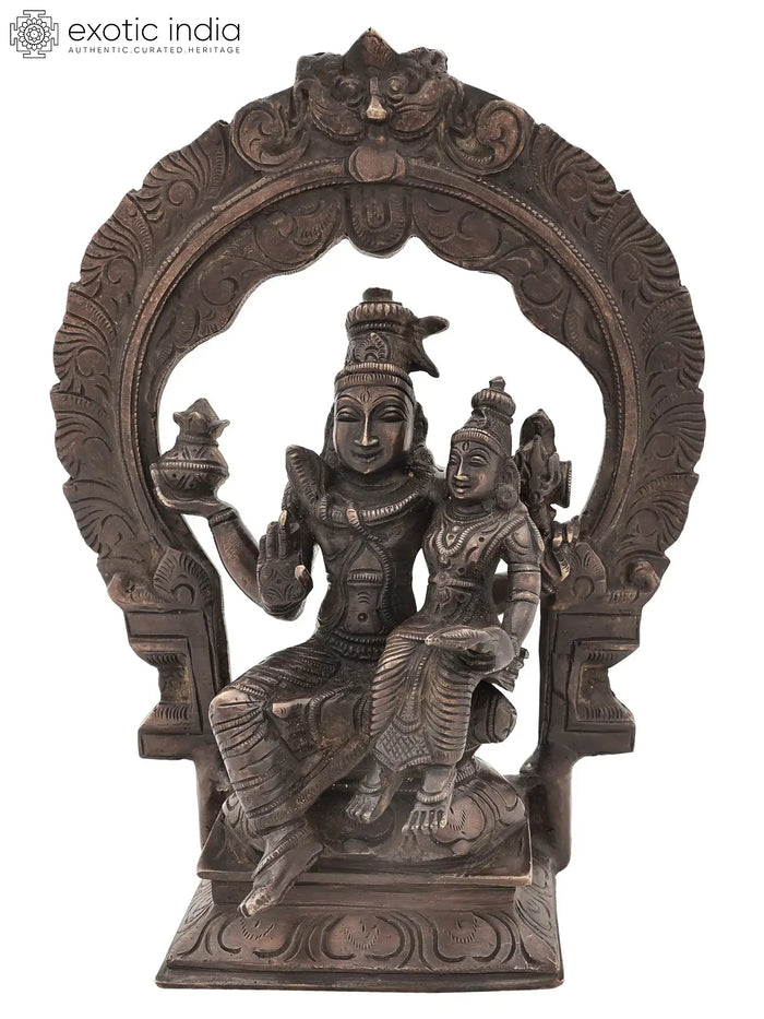 10" Brass Lord Shiva with Parvati Handmade Idol on Kirtimukha Throne