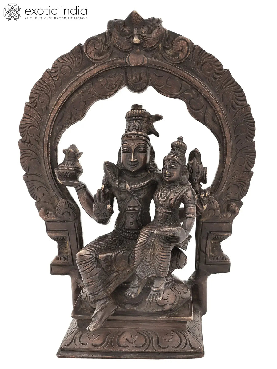 10" Brass Lord Shiva with Parvati Handmade Idol on Kirtimukha Throne
