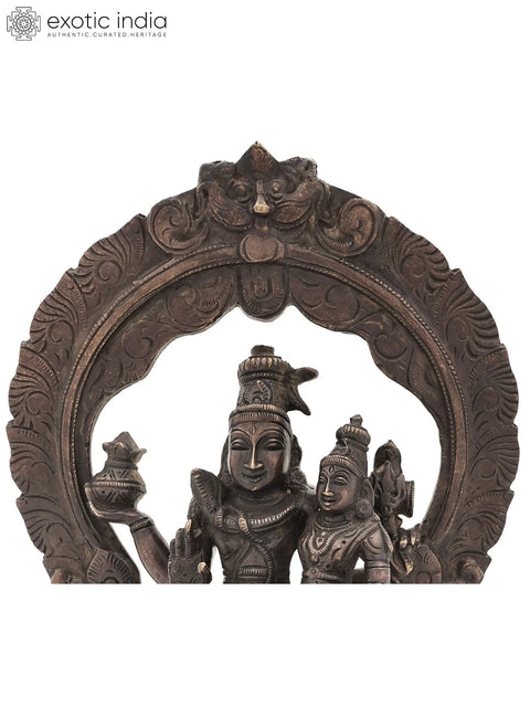 10" Brass Lord Shiva with Parvati Idol Seated on Kirtimukha Prabhawali Throne | Handmade | Made in India