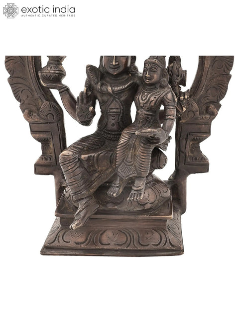 10" Brass Lord Shiva with Parvati Idol Seated on Kirtimukha Prabhawali Throne | Handmade | Made in India