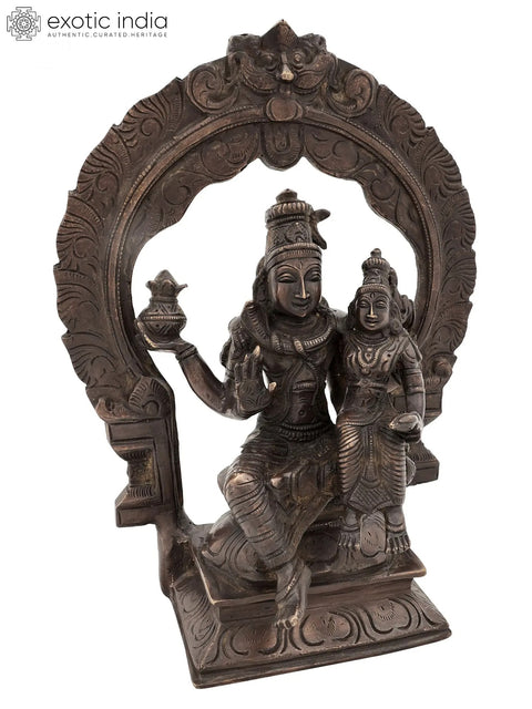 10" Brass Lord Shiva with Parvati Idol Seated on Kirtimukha Prabhawali Throne | Handmade | Made in India