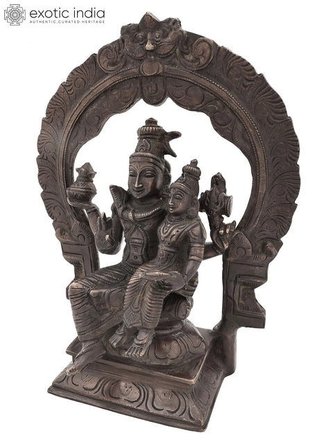 10" Brass Lord Shiva with Parvati Idol Seated on Kirtimukha Prabhawali Throne | Handmade | Made in India