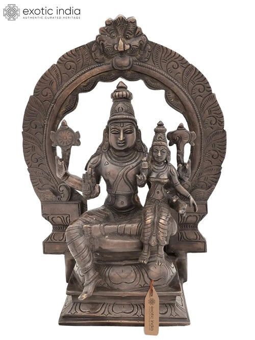 12" Lord Vishnu with Lakshmi Seated Brass Idol on Kirtimukha Throne