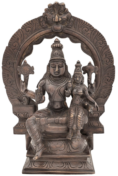 12" Lord Vishnu with Lakshmi Seated On Kirtimukha Prabhawali Throne In Brass | Handmade | Made In India