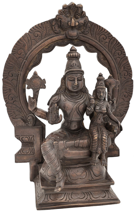 12" Lord Vishnu with Lakshmi Seated On Kirtimukha Prabhawali Throne In Brass | Handmade | Made In India