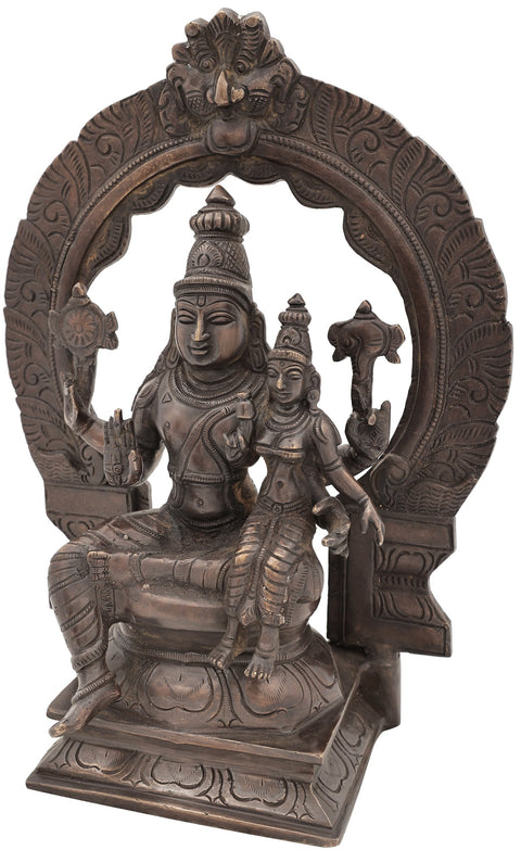 12" Lord Vishnu with Lakshmi Seated On Kirtimukha Prabhawali Throne In Brass | Handmade | Made In India