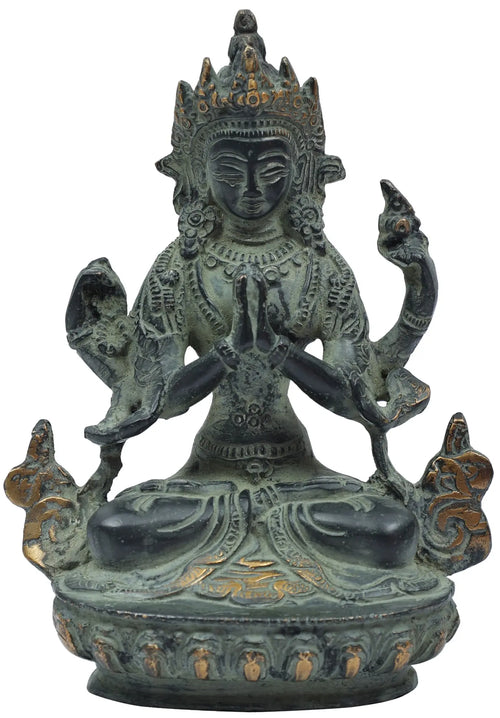 6" Bodhisattva Chenrezig Handmade Brass Statue for Home Pooja