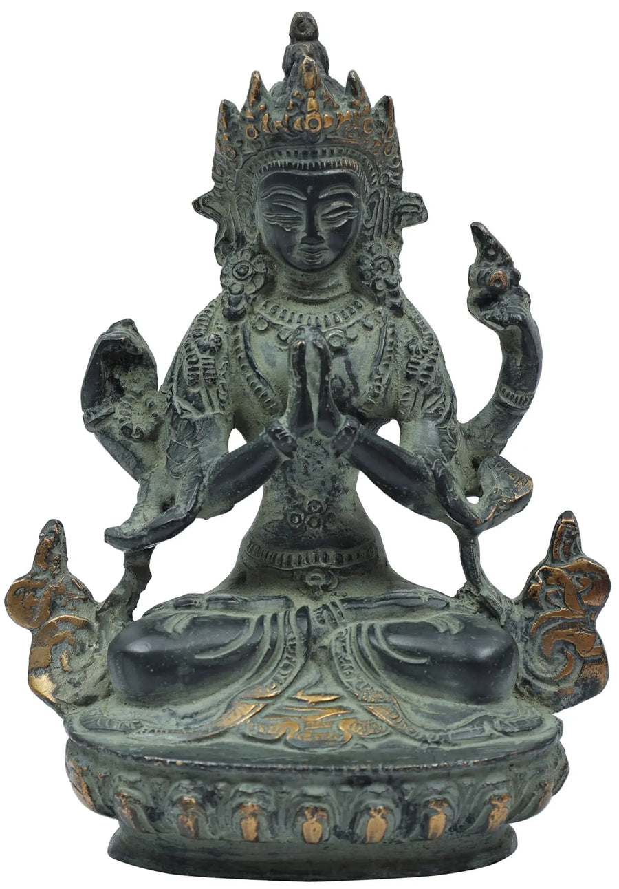 6" Bodhisattva Chenrezig Handmade Brass Statue for Home Pooja