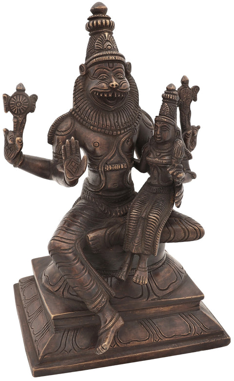 9" Lord Narasimha with Goddess Lakshmi In Brass | Handmade | Made In India
