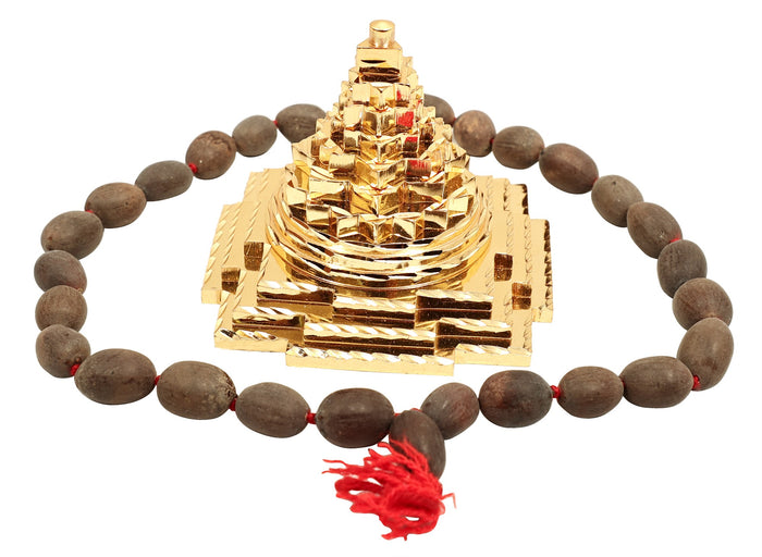 Auspicious Shri Yantra Brass Statue with Japa Mala Beads