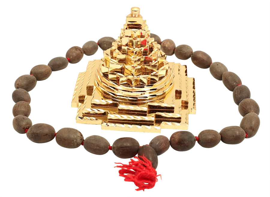 Auspicious Shri Yantra Brass Statue with Japa Mala Beads