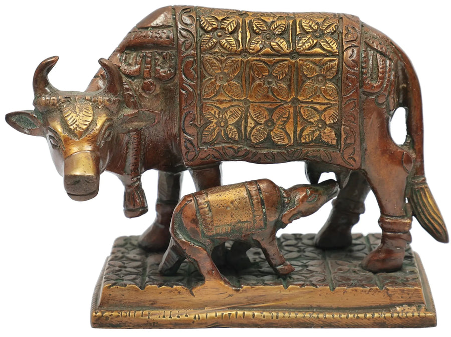 5" Holy Mother Cow Brass Statue with Calf Handmade