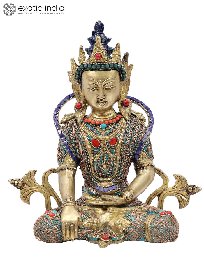 10" Crowned Buddha Bhumisparsha Mudra Brass Statue with Inlay