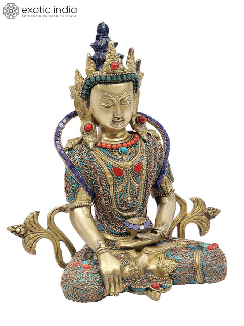 10" Crowned Buddha in Bhumisparsha Mudra | Brass Statue with Colorful Inlay Work