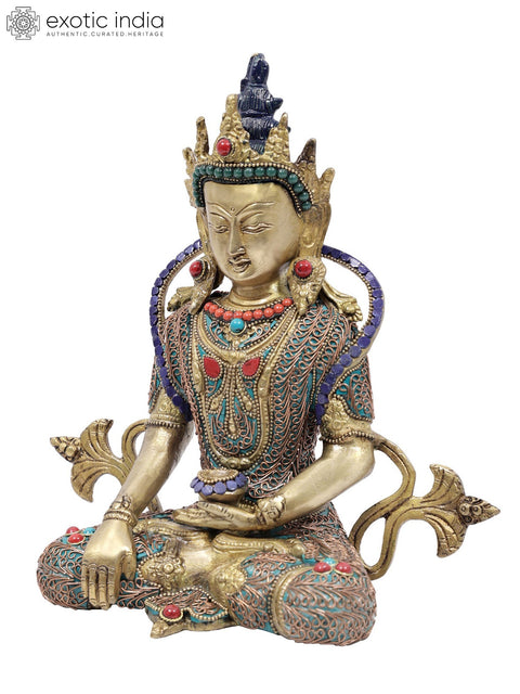 10" Crowned Buddha in Bhumisparsha Mudra | Brass Statue with Colorful Inlay Work