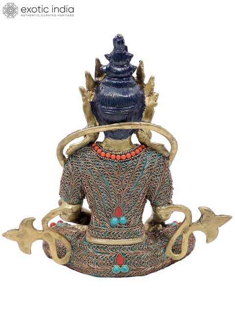 10" Crowned Buddha in Bhumisparsha Mudra | Brass Statue with Colorful Inlay Work
