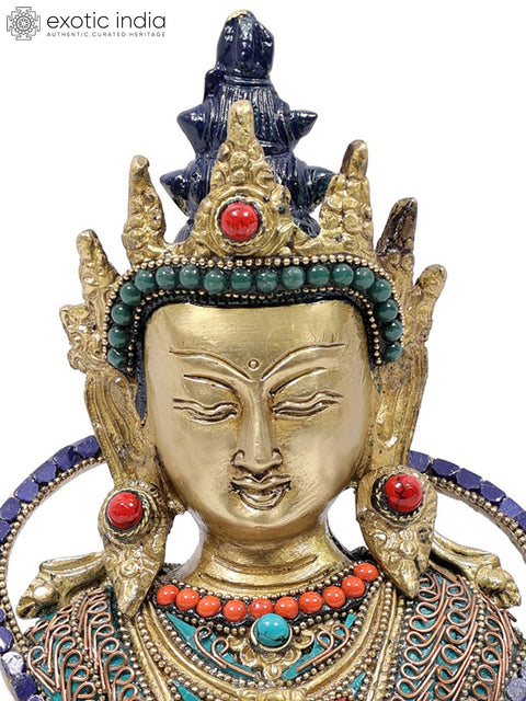 10" Crowned Buddha in Bhumisparsha Mudra | Brass Statue with Colorful Inlay Work