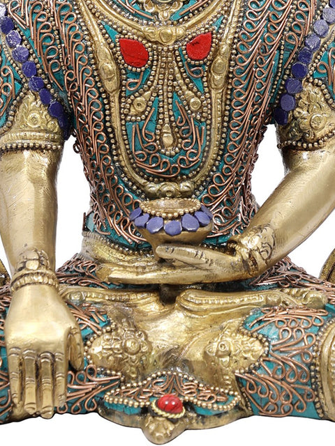 10" Crowned Buddha in Bhumisparsha Mudra | Brass Statue with Colorful Inlay Work