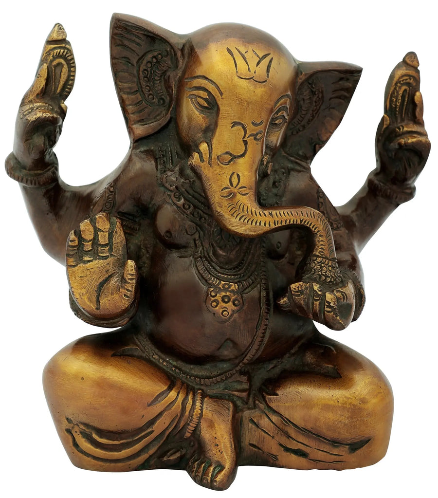 5" Blessing Lord Ganesha Brass Idol Eating Modak Handmade