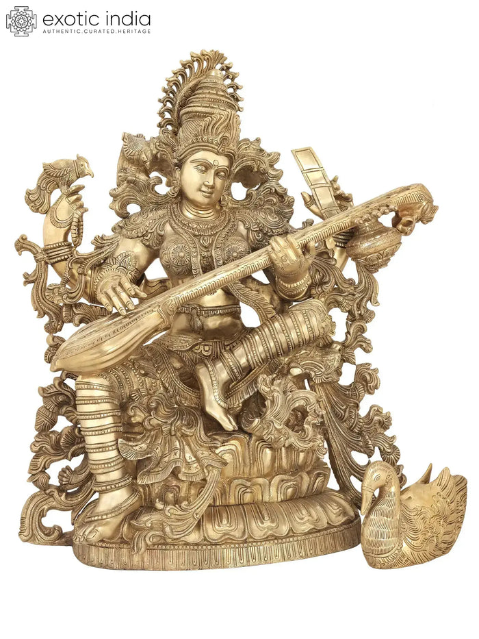 33" Handcrafted Brass Saraswati Statue with Intricate Vine Network Design