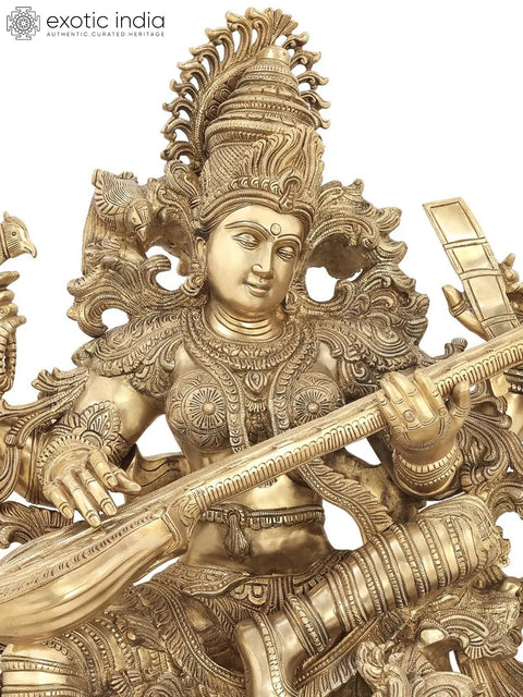 33" Superfine Chaturbhujadharini Devi Saraswati in a Network of Vines | Indian Handcrafted Brass Statue