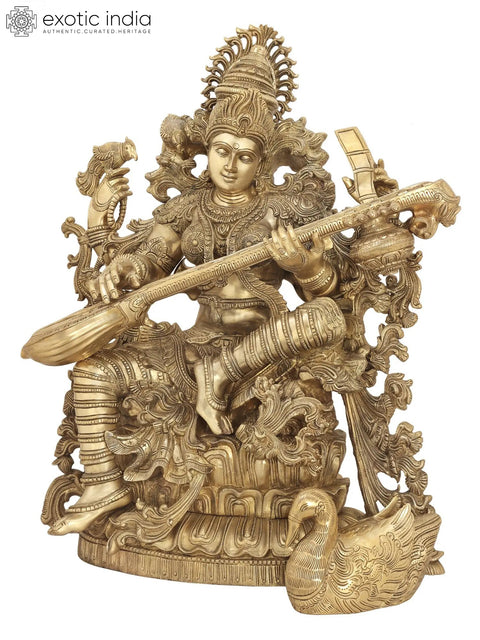 33" Superfine Chaturbhujadharini Devi Saraswati in a Network of Vines | Indian Handcrafted Brass Statue
