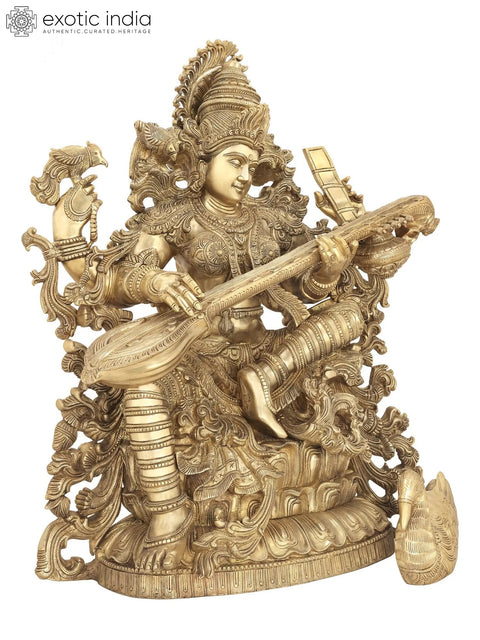33" Superfine Chaturbhujadharini Devi Saraswati in a Network of Vines | Indian Handcrafted Brass Statue