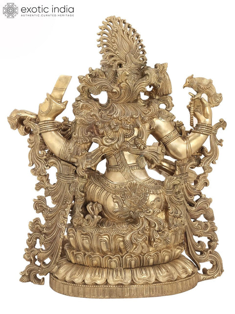 33" Superfine Chaturbhujadharini Devi Saraswati in a Network of Vines | Indian Handcrafted Brass Statue