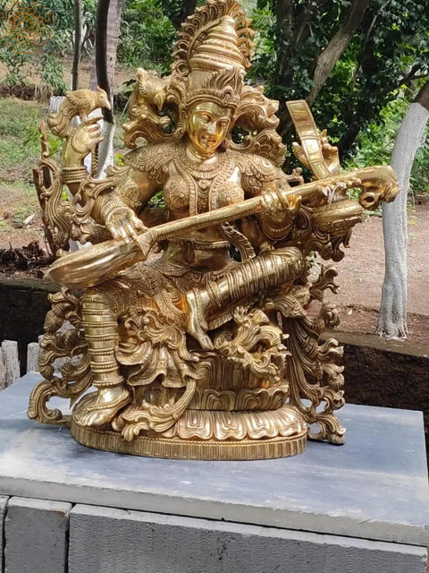 33" Superfine Chaturbhujadharini Devi Saraswati in a Network of Vines | Indian Handcrafted Brass Statue
